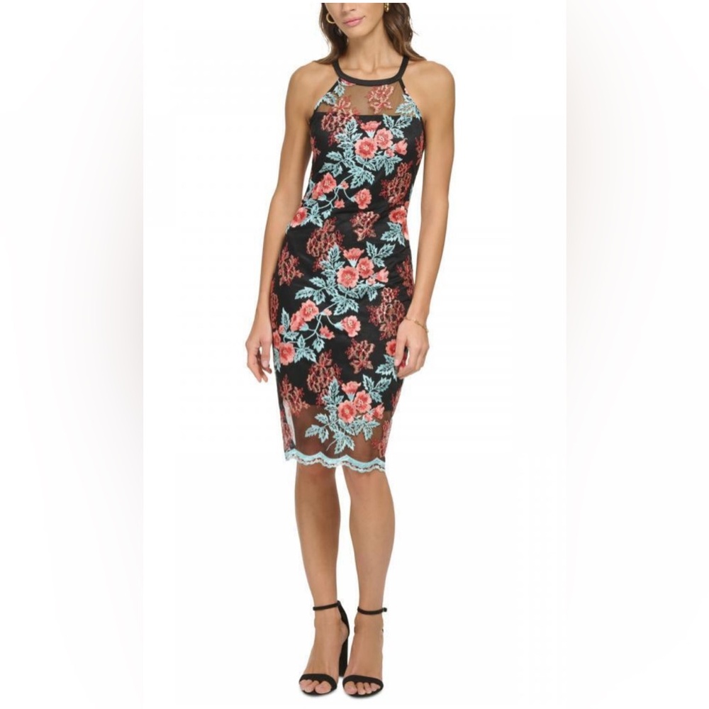 Guess Black Dress with Floral Embroidery